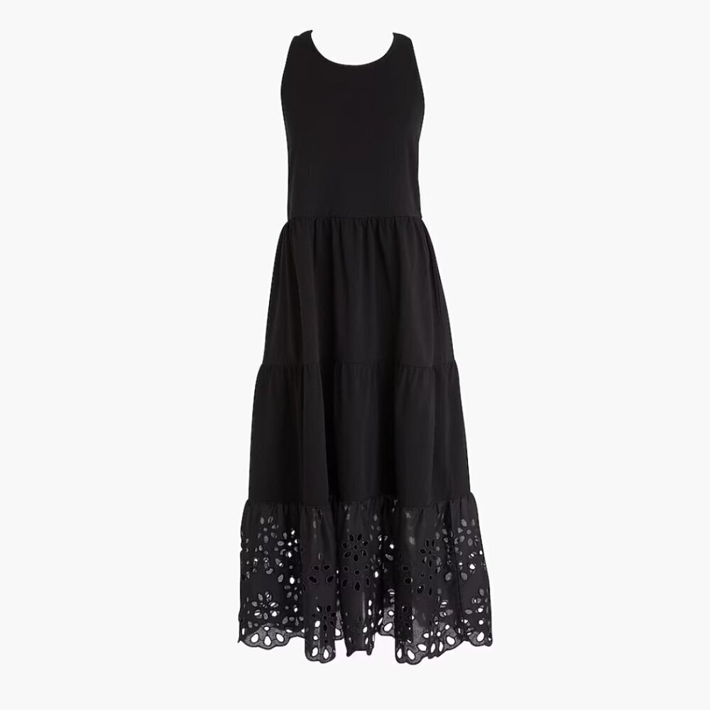 J. Crew Cotton Tiered Knit Maxi Sleeveless Dress with Eyelet Trim, Black, S